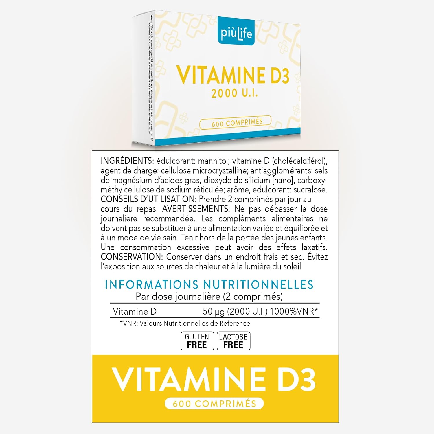 Thumbnail 6 de Vitamine D3 2000 UI PiùLife (2 par jour) – Comprimés à croquer sans sucre – 600 mini-comprimés