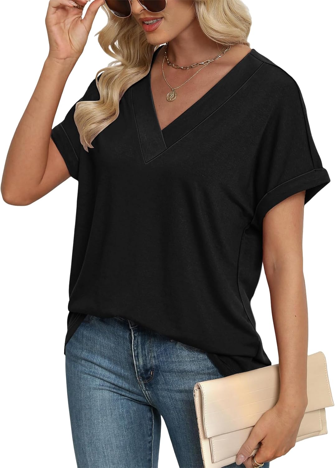 Thumbnail 3 de Cuptacc Damen-T-Shirt mit V-Ausschnitt, Kurzarm und Elasthan-Anteil – locker-elegant für Sommer & Alltag
