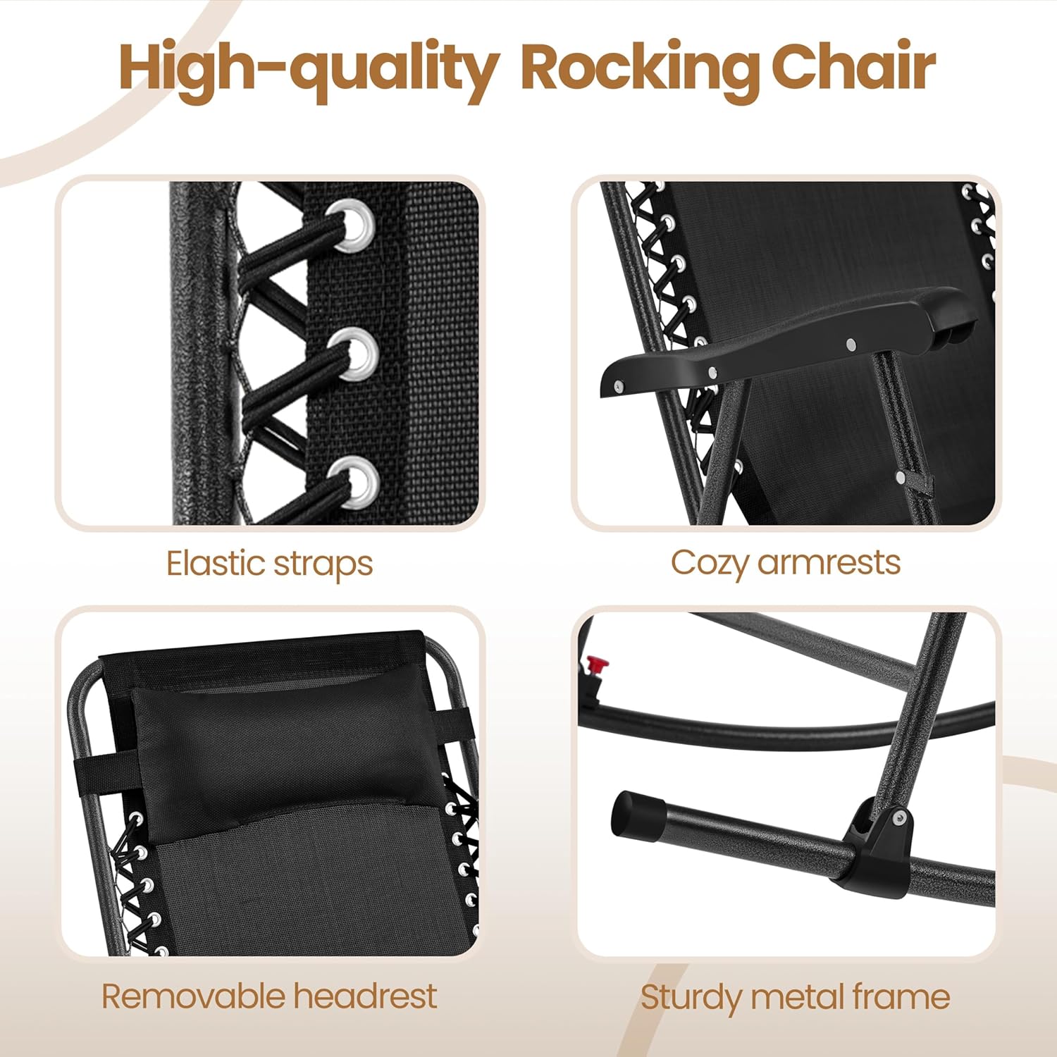 Thumbnail 3 de Yaheetech sedia a dondolo reclinabile pieghevole da esterno con portata 120 kg e braccioli (102 x 65,5 x 103 cm) – nero