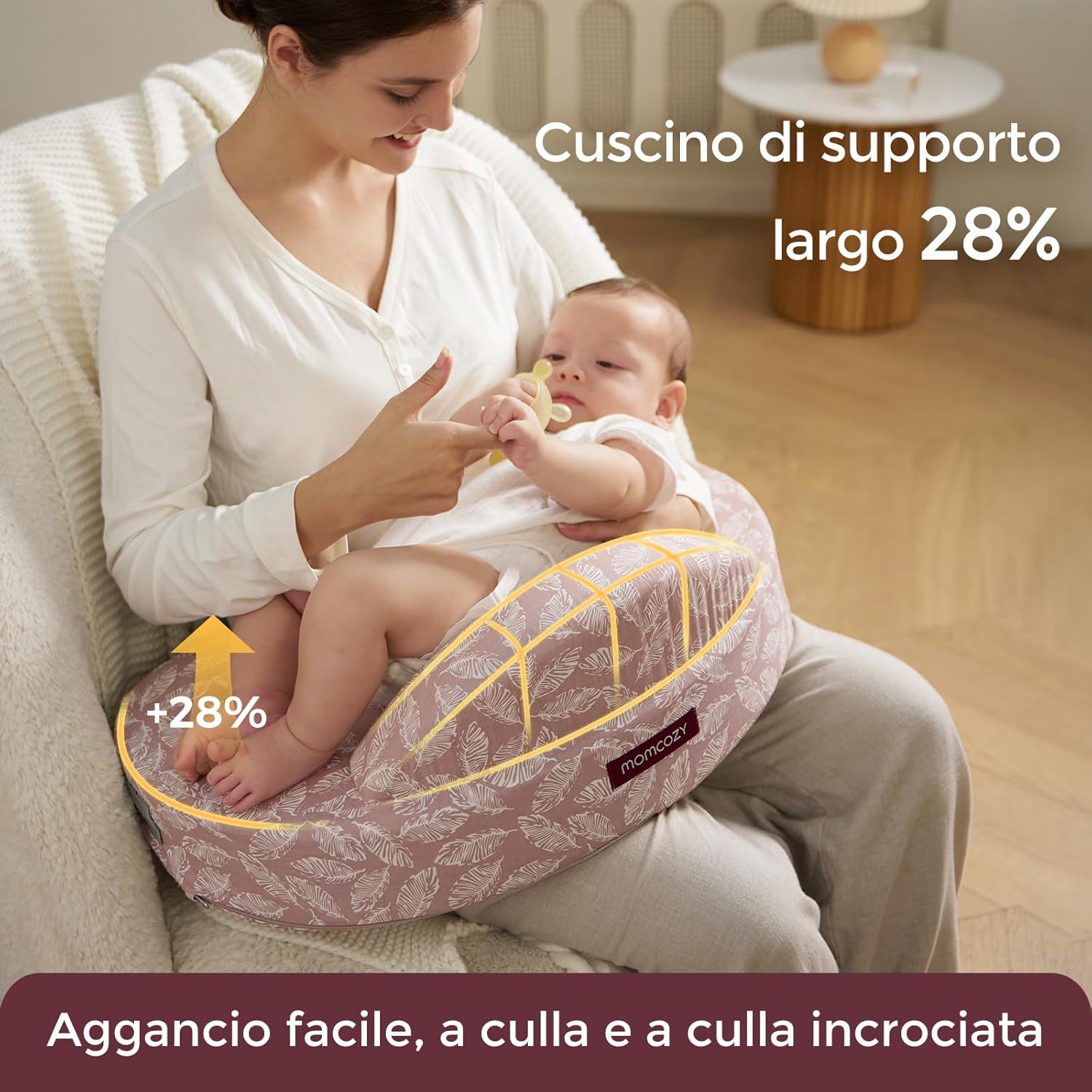 Thumbnail 3 de momcozy Cuscino da Allattamento con Barriera di Sicurezza: Memory Foam Rigido ed Elastico, Supporto Ergonomico Extra Large, Fodera Rimovibile, Colore Foglie Rosa