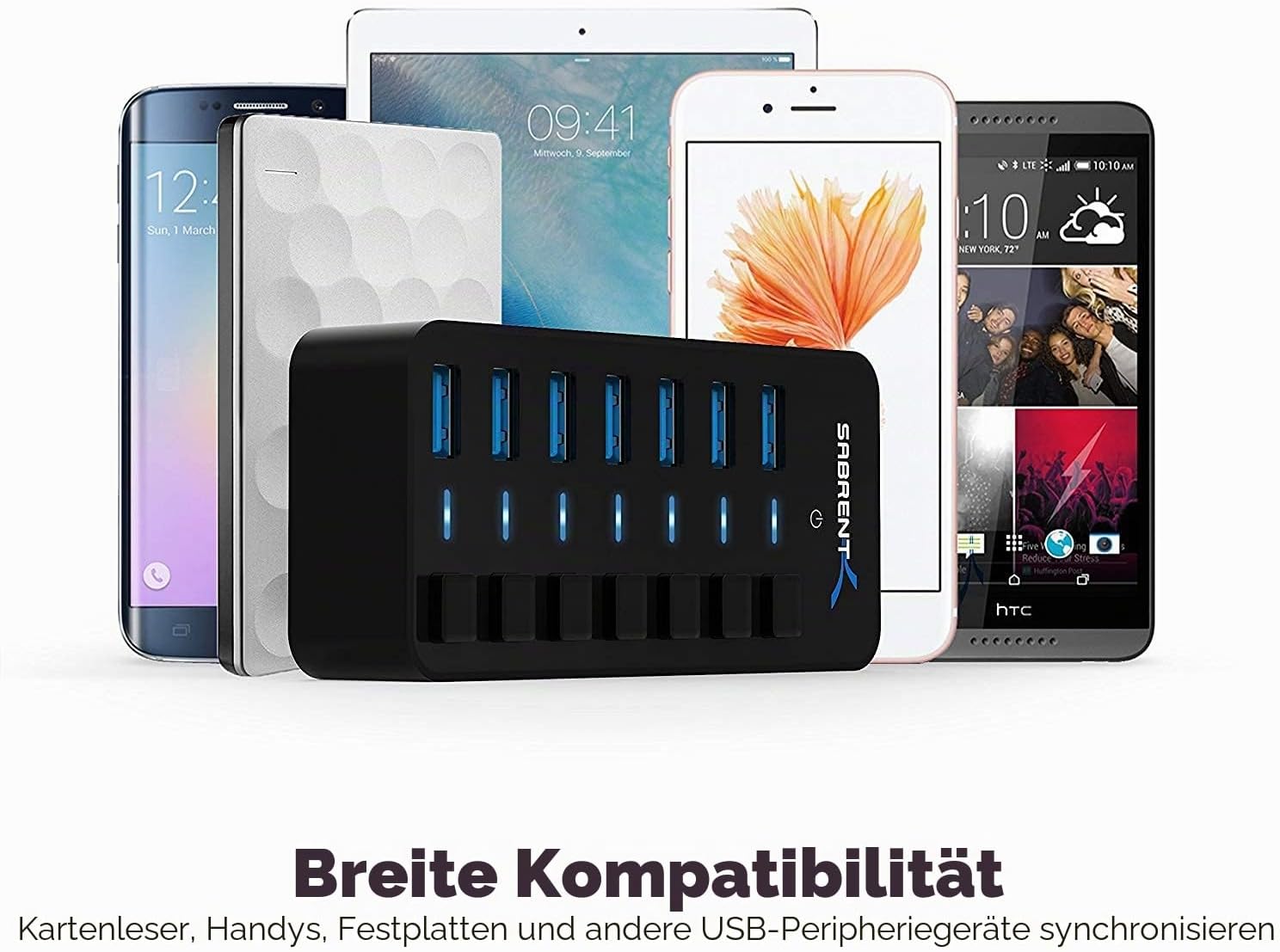 Detalle 2 de SABRENT USB Hub aktiv 3.2x1 mit Netzteil – 7 Ports, 36W, Power-Schalter, USB3.2 Gen 1