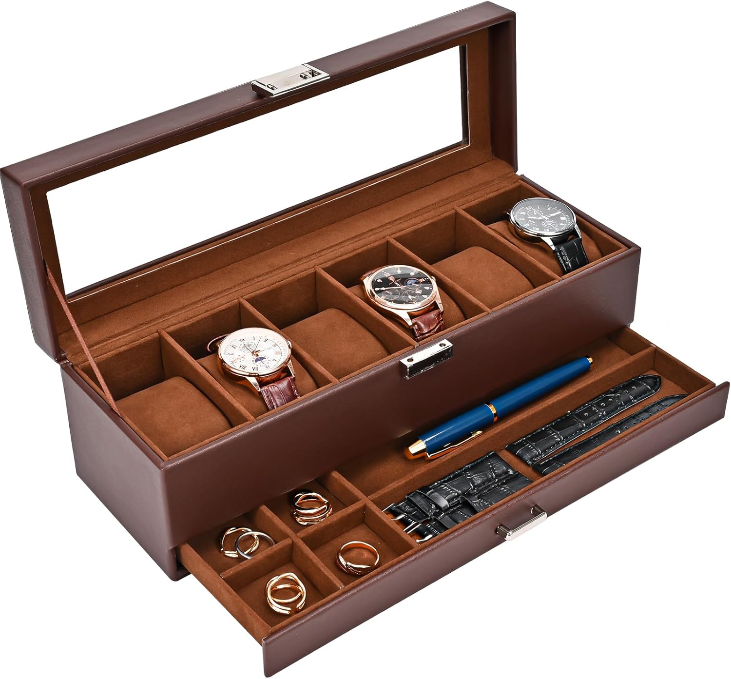 Detalle de ProCase caja de relojes de 6 ranuras con cajón y tapa de cristal (2 capas) – café