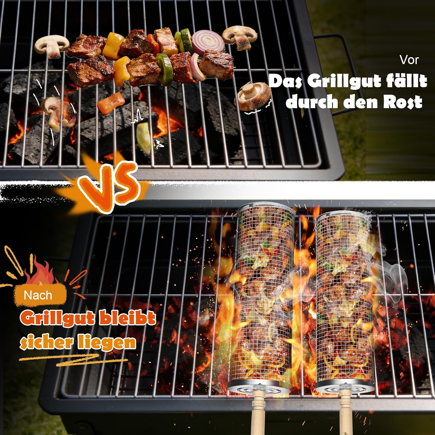 Thumbnail 2 de Ezilif rullande grillkorg i 304 rostfritt stål med avtagbart trähandtag