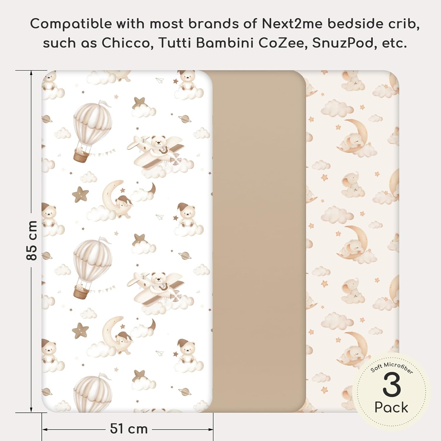 Thumbnail 2 de Yukkidds Next to Me Crib Sheets 83x50cm – 3 Pack in Ultra Soft Microfibre