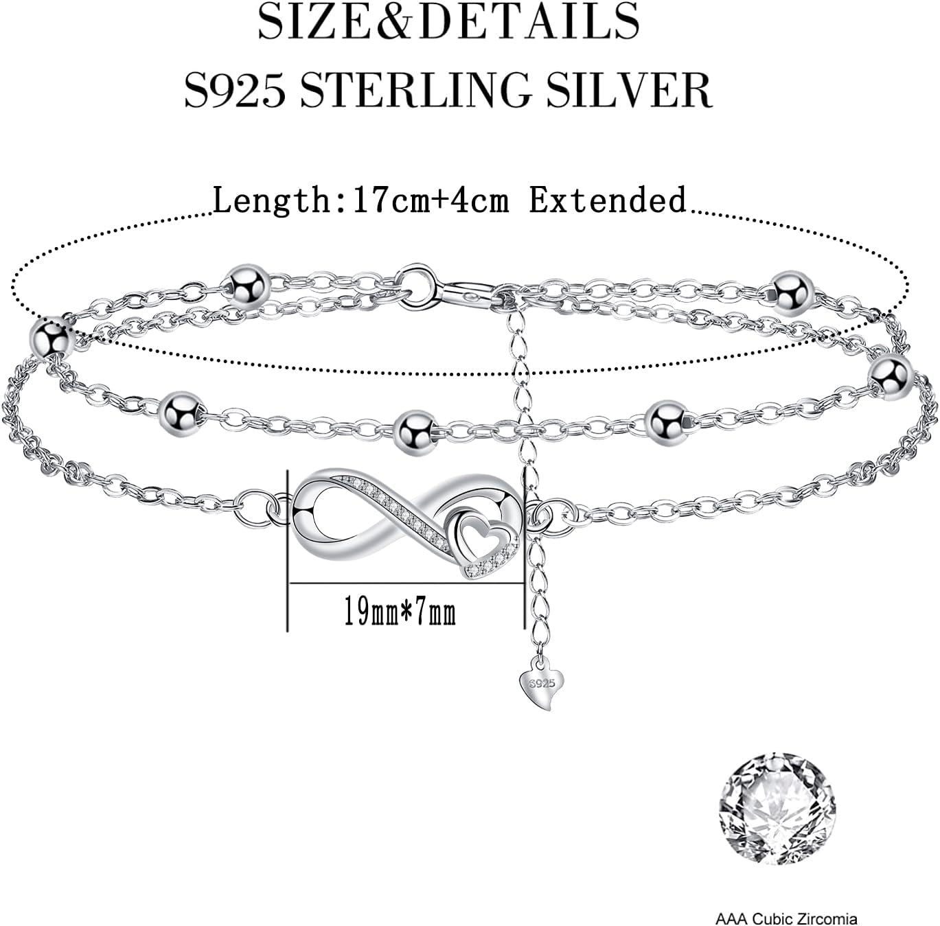 Detalle 2 de J.MUEN Damen-Armband aus 925 Sterling Silber (unendliches Motiv mit Zirkonia), verstellbar für Muttertag & Geburtstag