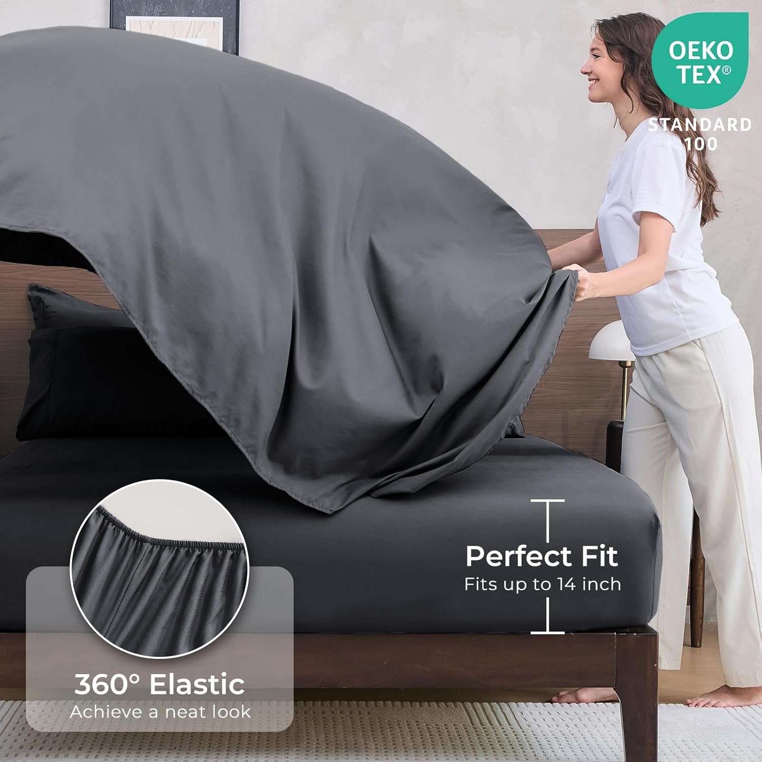 Detalle 1 de HEVUMYI HBJT-DG-K King Comforter Set, 7-Piece Dark Gray Microfiber Bed-in-a-Bag