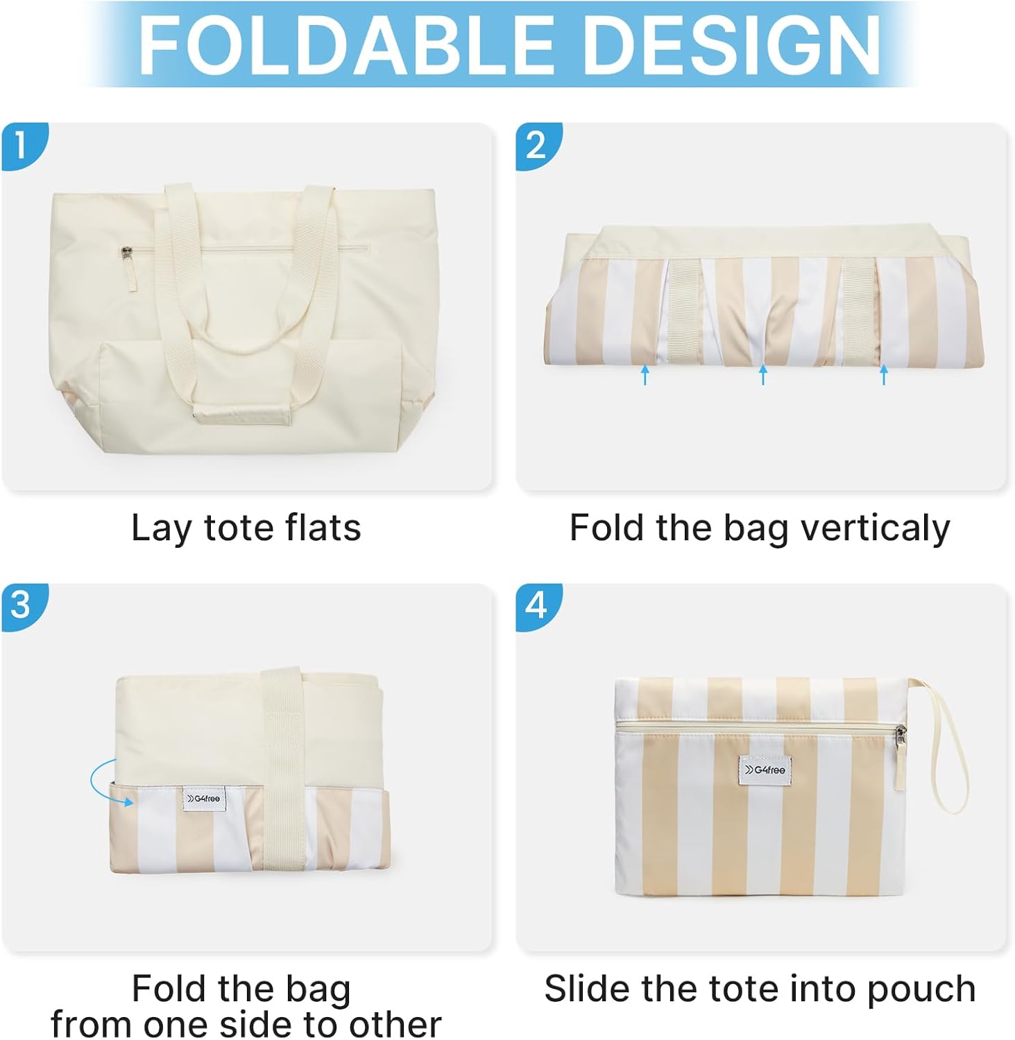 Detalle de G4Free 35L/50L Foldable Beach Bag with Zipper Pockets – Water-Resistant Tote for Travel, Pool and Weekender use