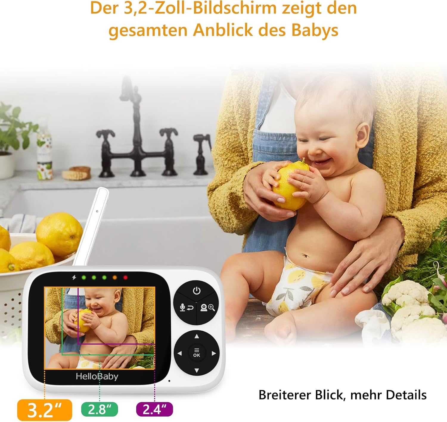 Detalle de HelloBaby Babyphone mit Kamera – 3,2 Zoll IPS-Display, VOX-Modus, Nachtsicht, 2-Wege-Audio, ohne WLAN