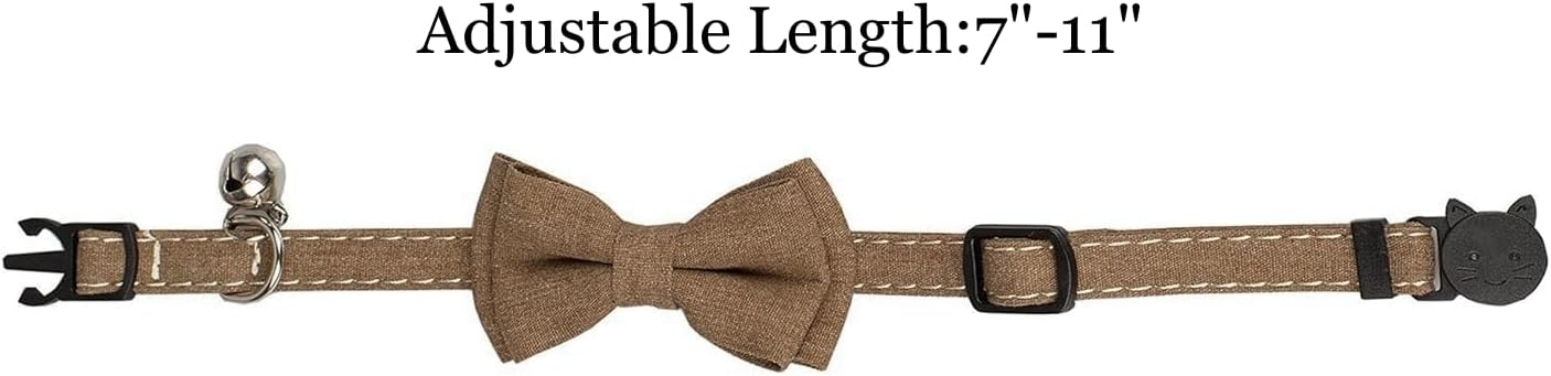 Detalle de Olahibi Breakaway Cat Collar with Safe Release, Removable Bowtie, and Clear Bell (Solid Brown) for Adult Cats