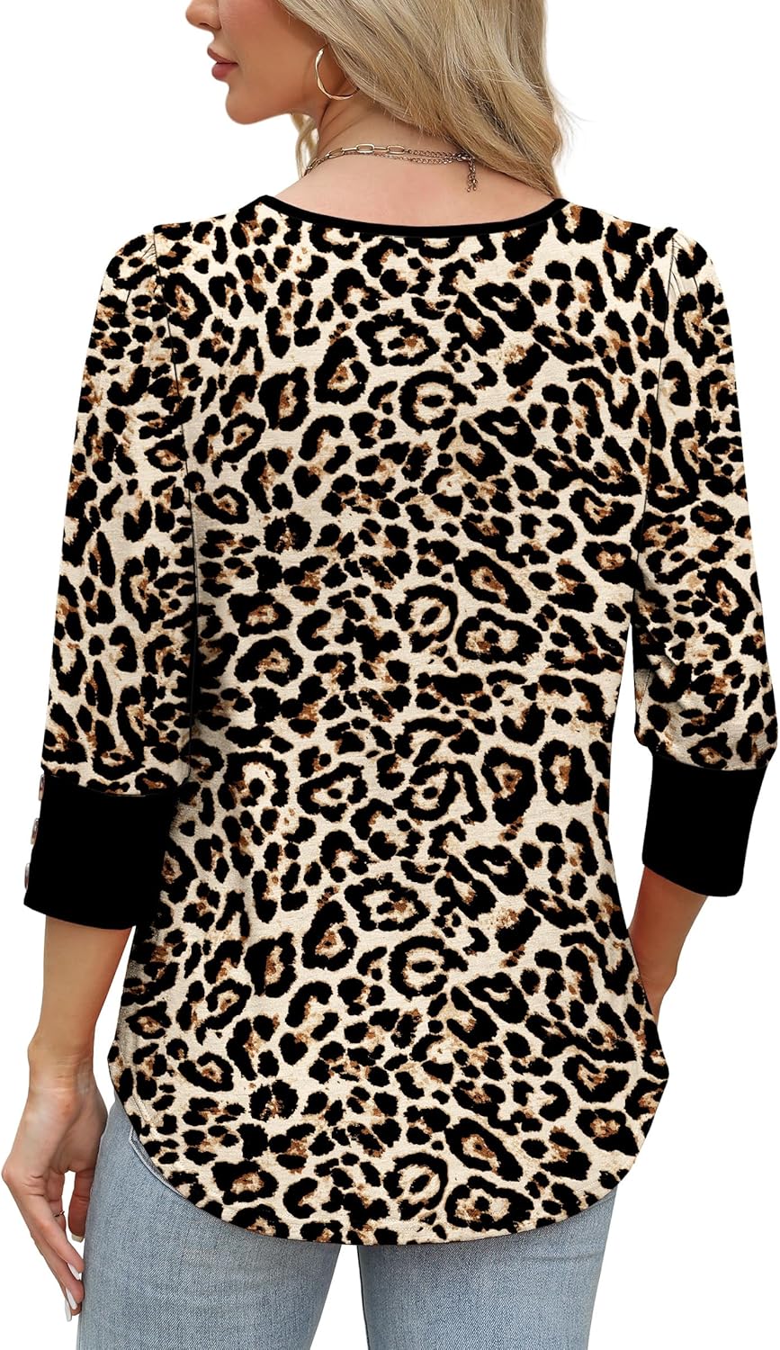 Detalle de WIHOLL 3/4 Length Sleeve Top with Button Cuffs – Dressy Casual V-Neck for Work and Everyday