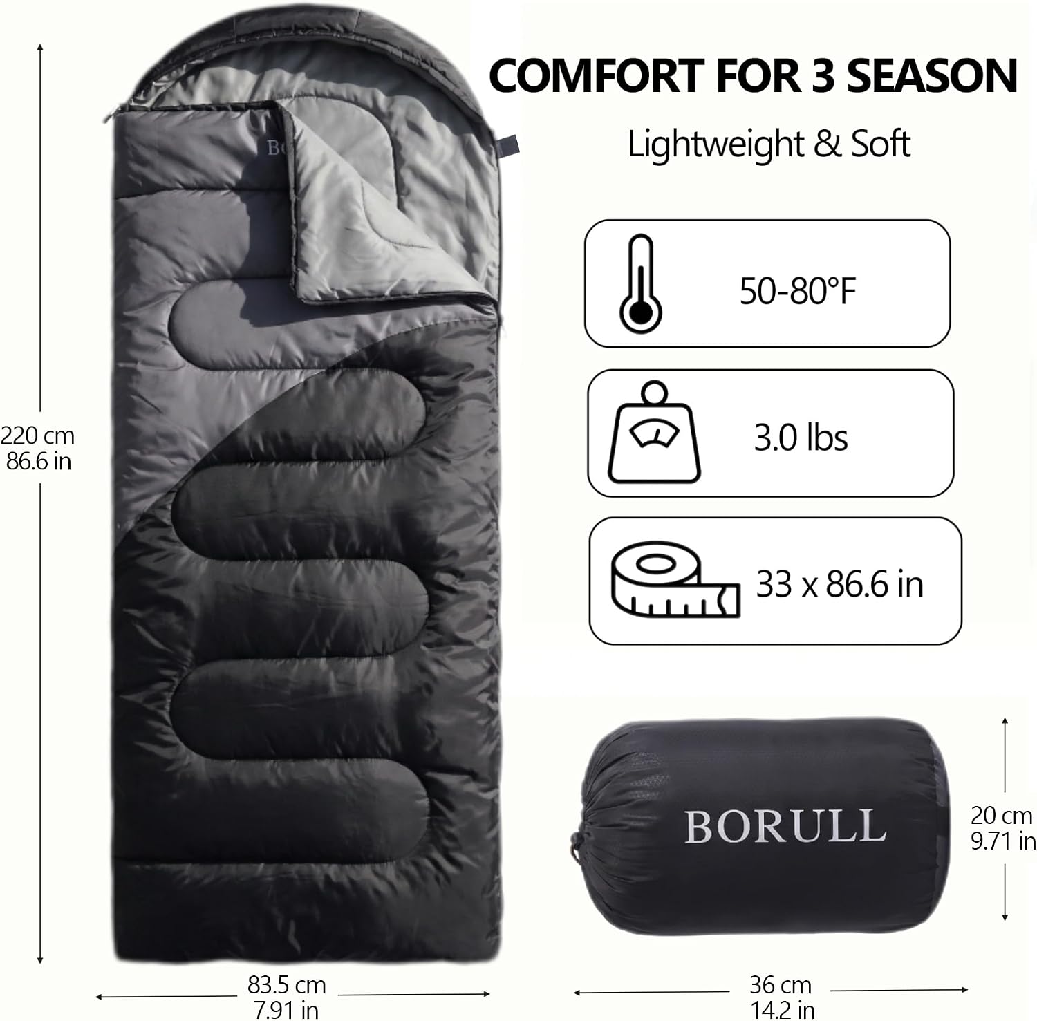Thumbnail 2 de BORULL 3-Season Sleeping Bag, 3 lb, Compact Pack, 50–80°F Comfort Range