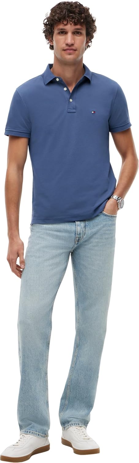 Detalle 2 de Tommy Hilfiger Uomo Maglietta Polo Maniche Corte Slim Fit con Bottoni Blu Aegean Sea, Taglia L