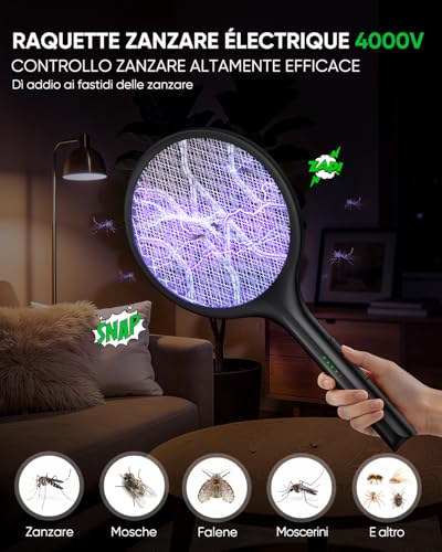 Detalle de VIWAVE Scacciamosche elettrico extra forte da 4000 V 2-in-1 con luce UV, batteria 1800 mAh e supporto – nero