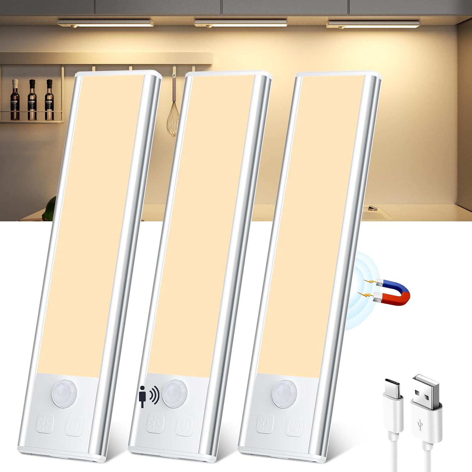 Detalle de Schrankbeleuchtung Unterbauleuchte Küche LED — 3er-Set mit Bewegungsmelder, USB Typ-C, ultradünn