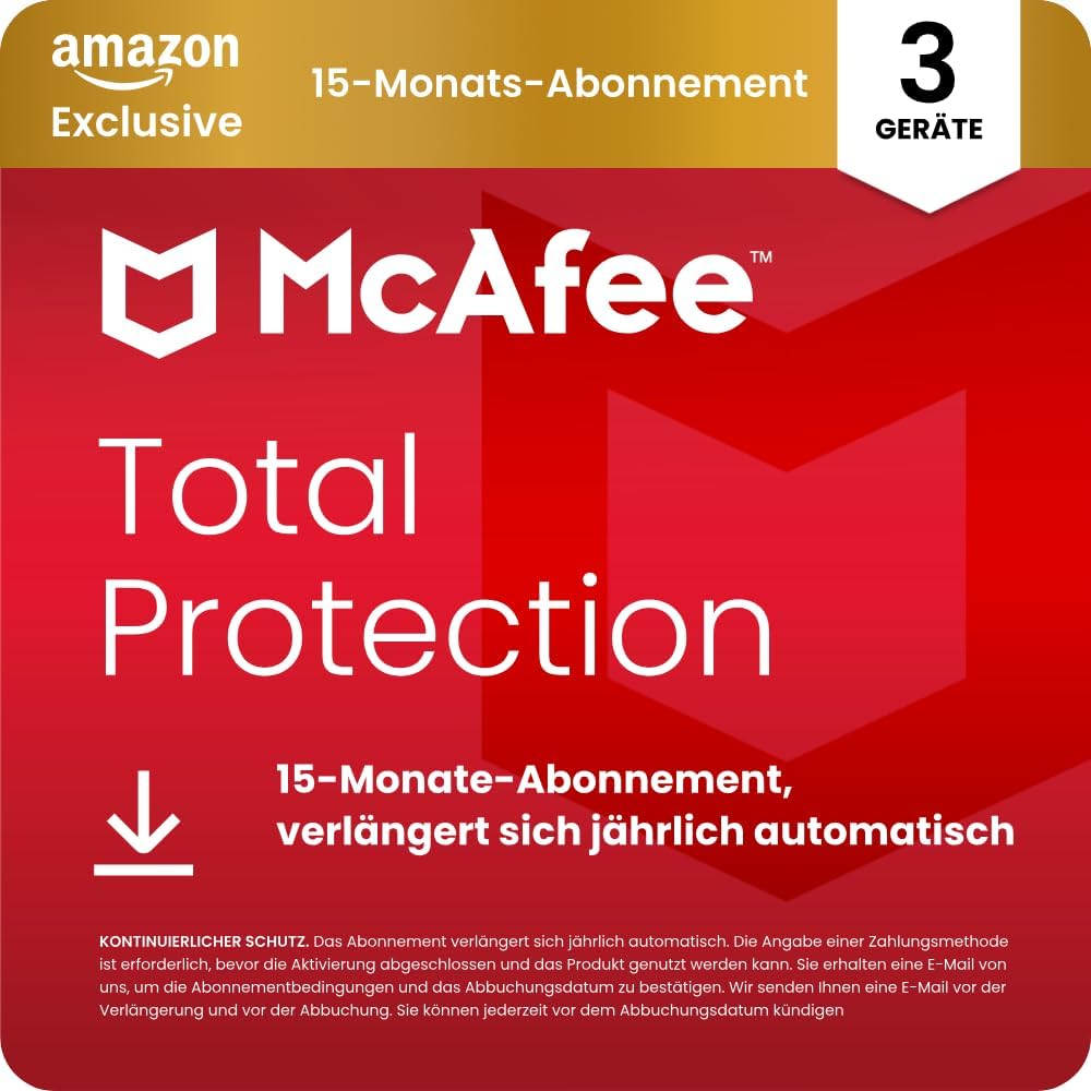 Detalle de McAfee Total Protection 2026 (3 Geräte) – Komplettschutz mit VPN, Betrugserkennung und Identitätsüberwachung im 15-Monats-Abo