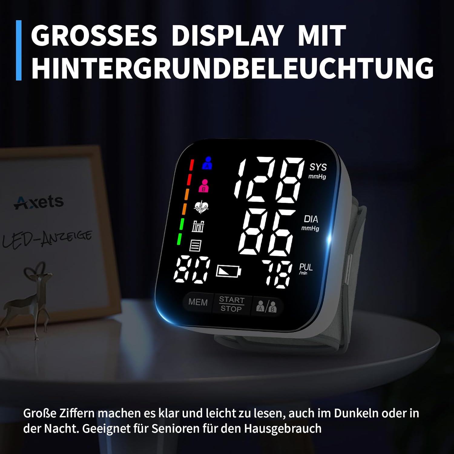 Detalle 2 de Axets Blutdruckmessgerät Handgelenk mit Arrhythmie-Erkennung – automatische Messung, farbiger Risiko-Indikator, 2×99 Speicherplätze