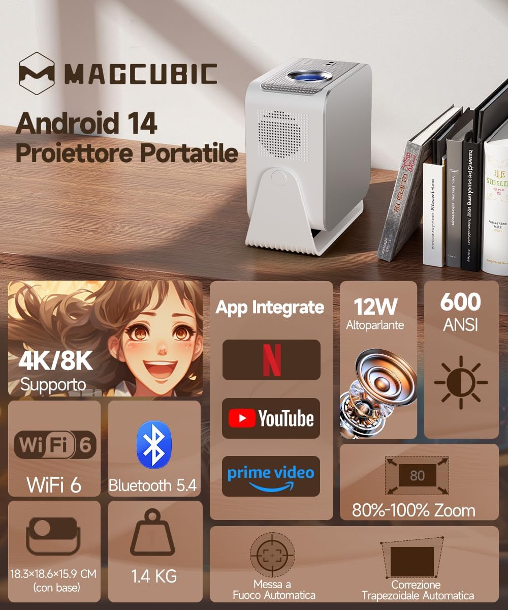 Detalle 2 de HY350MAX Mini proiettore portatile 1080P con Android 14 e Wi‑Fi 6