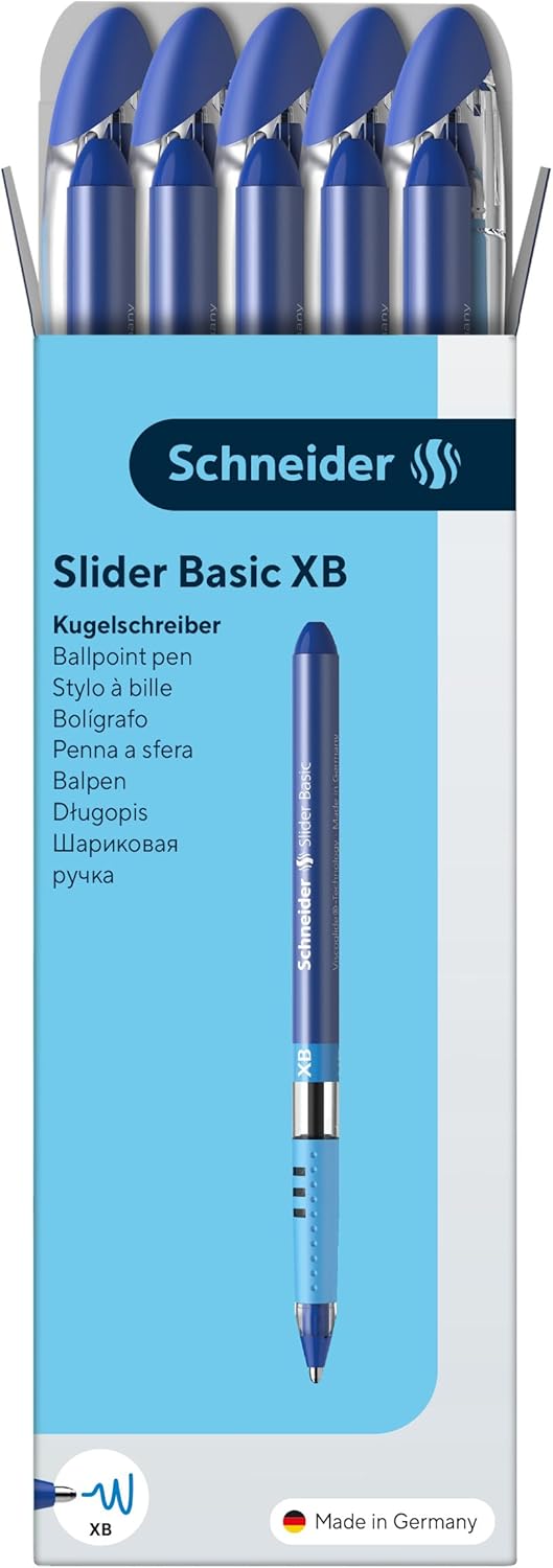 Detalle de Schneider 151203 Slider Basic Kugelschreiber – Blau, 10er Pack (Kappenmodell mit Soft-Grip-Zone, Strichstärke XB)