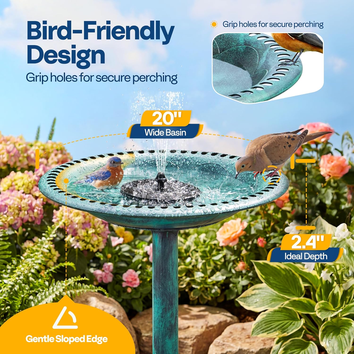 Detalle de VIVOHOME 71cm Solar-Powered Bird Bath Feeder for Garden – Free-Standing Resin Fountain