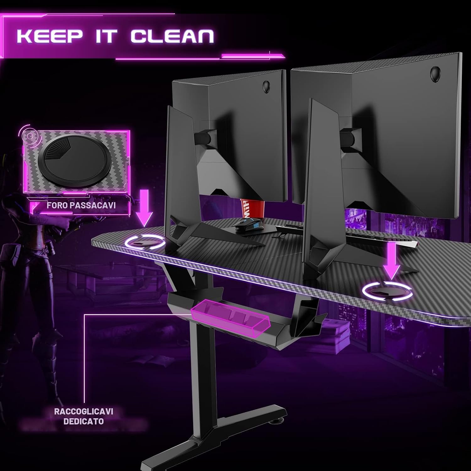 Detalle de Himimi Scrivania Gaming 160x75 cm: stabile, spaziosa e ben accessoriata