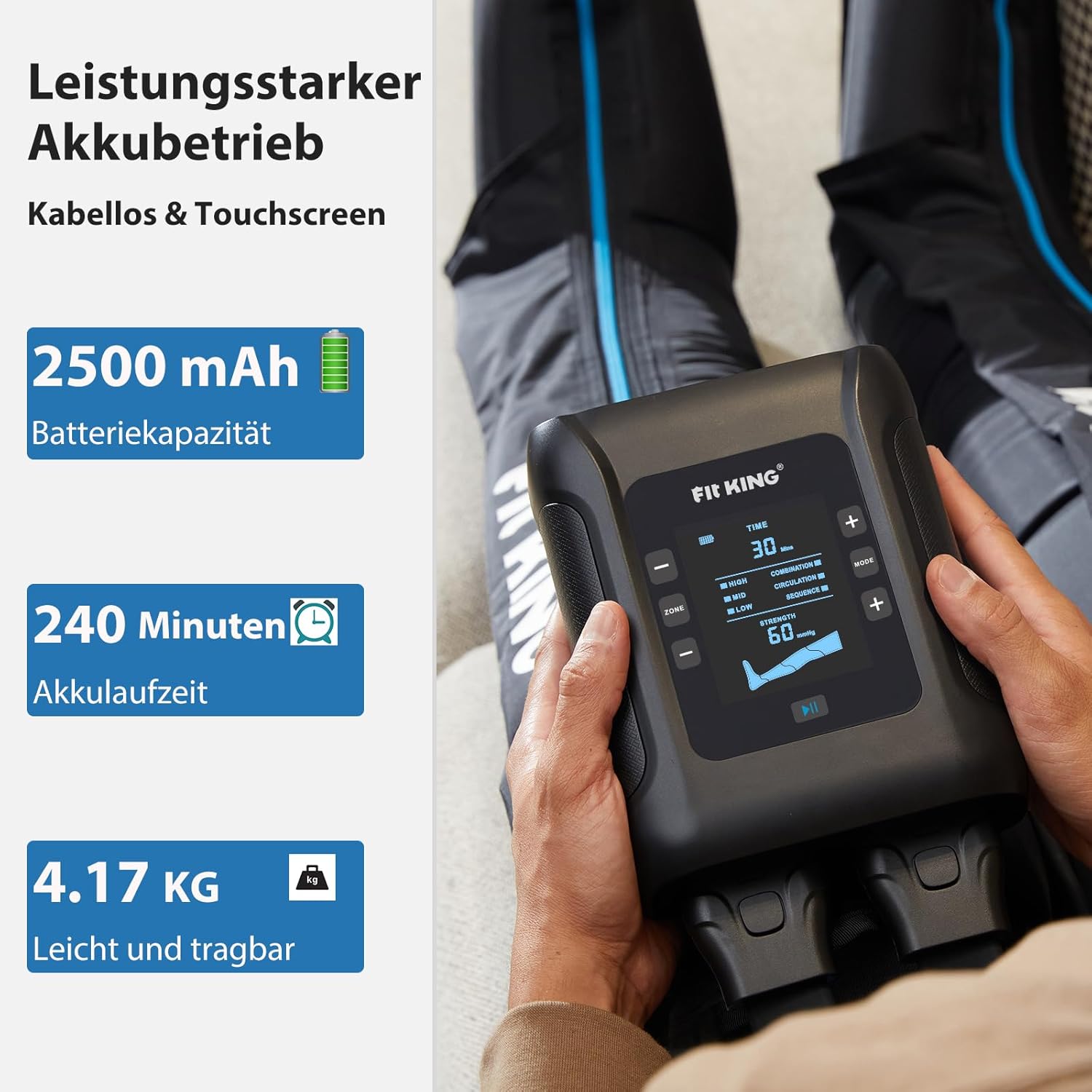 Detalle de FIT KING Kabellose Beinmassagegerät – 4-Zonen-Luftdruck-Kompressionsmassage für Beine