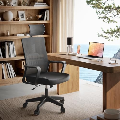 Detalle de JUPPLIES silla de escritorio ergonómica ajustable y reclinable con soporte lumbar, reposacabezas y malla transpirable (hasta 120 kg, negro)