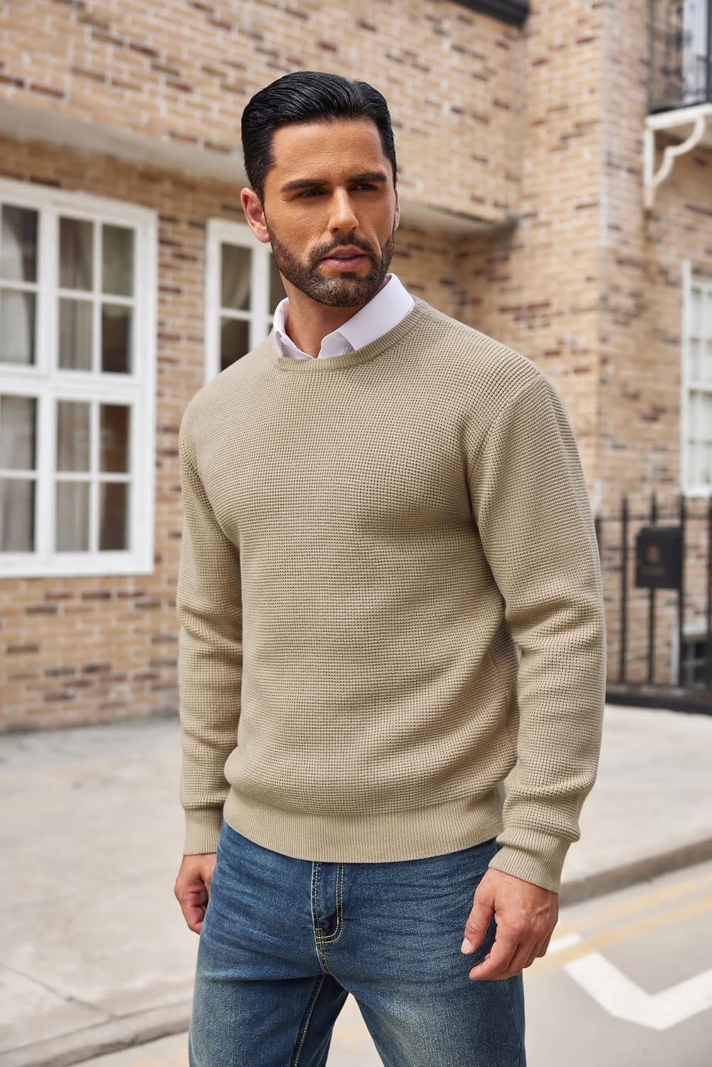 Detalle de COOFANDY Pull Homme à Col Rond — tricot gaufré, hiver élégant et polyvalent