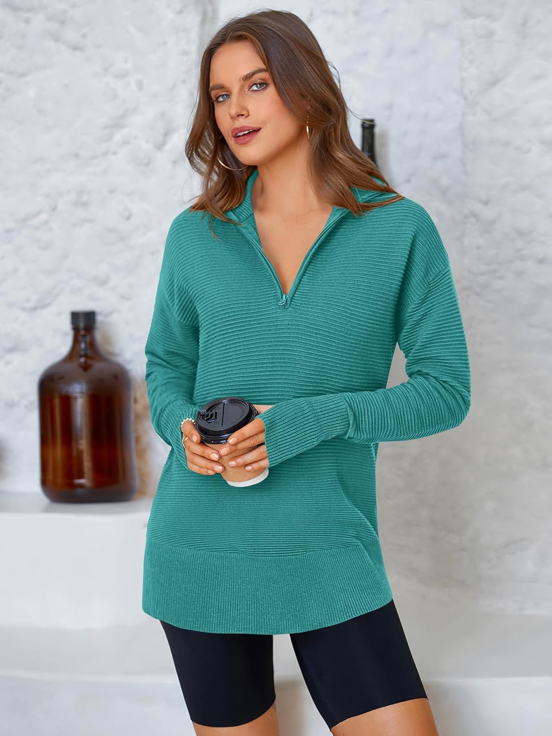 Thumbnail 4 de PRETTYGARDEN Women’s Long Sleeve Quarter Zip Ribbed Knit Pullover Sweater with Thumb Holes