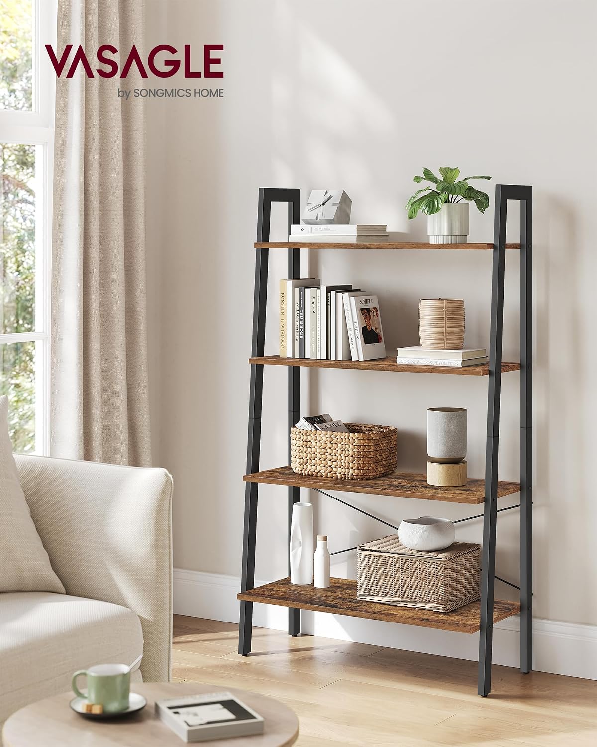 Detalle 2 de VASAGLE Ladder Shelf 4-Tier Bookshelf (LLS144B01) – Rustic Brown & Black, Steel Frame