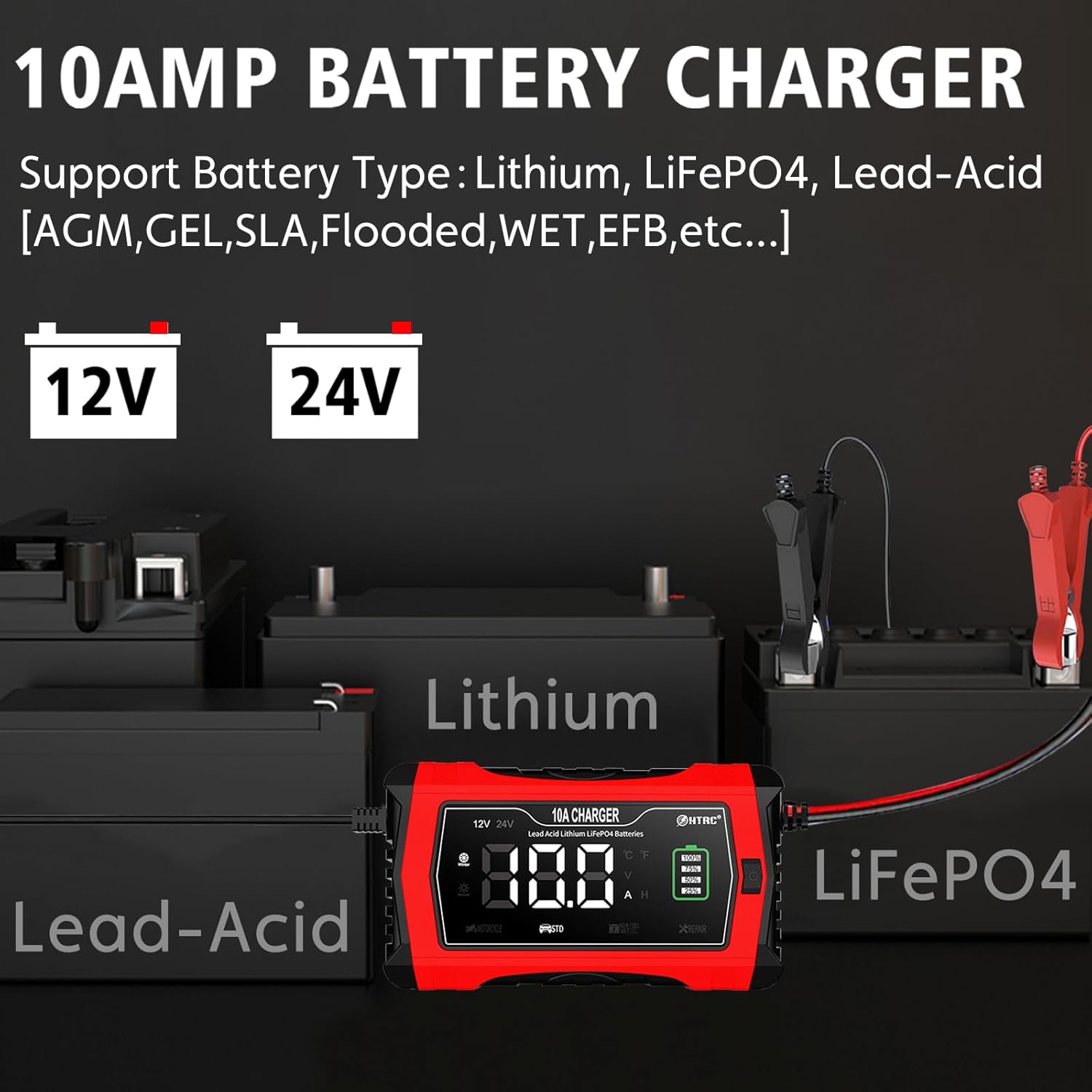 Thumbnail 1 de HTRC 10A caricabatterie automatico 12V/24V con schermo LED e protezioni per batterie al Piombo e LiFePO4