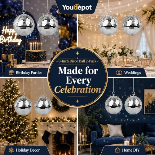 Thumbnail 9 de Youdepot 20 cm Disco Ball 2 Pack – Silver Hanging Mirror Balls for Weddings, Parties and Home Décor