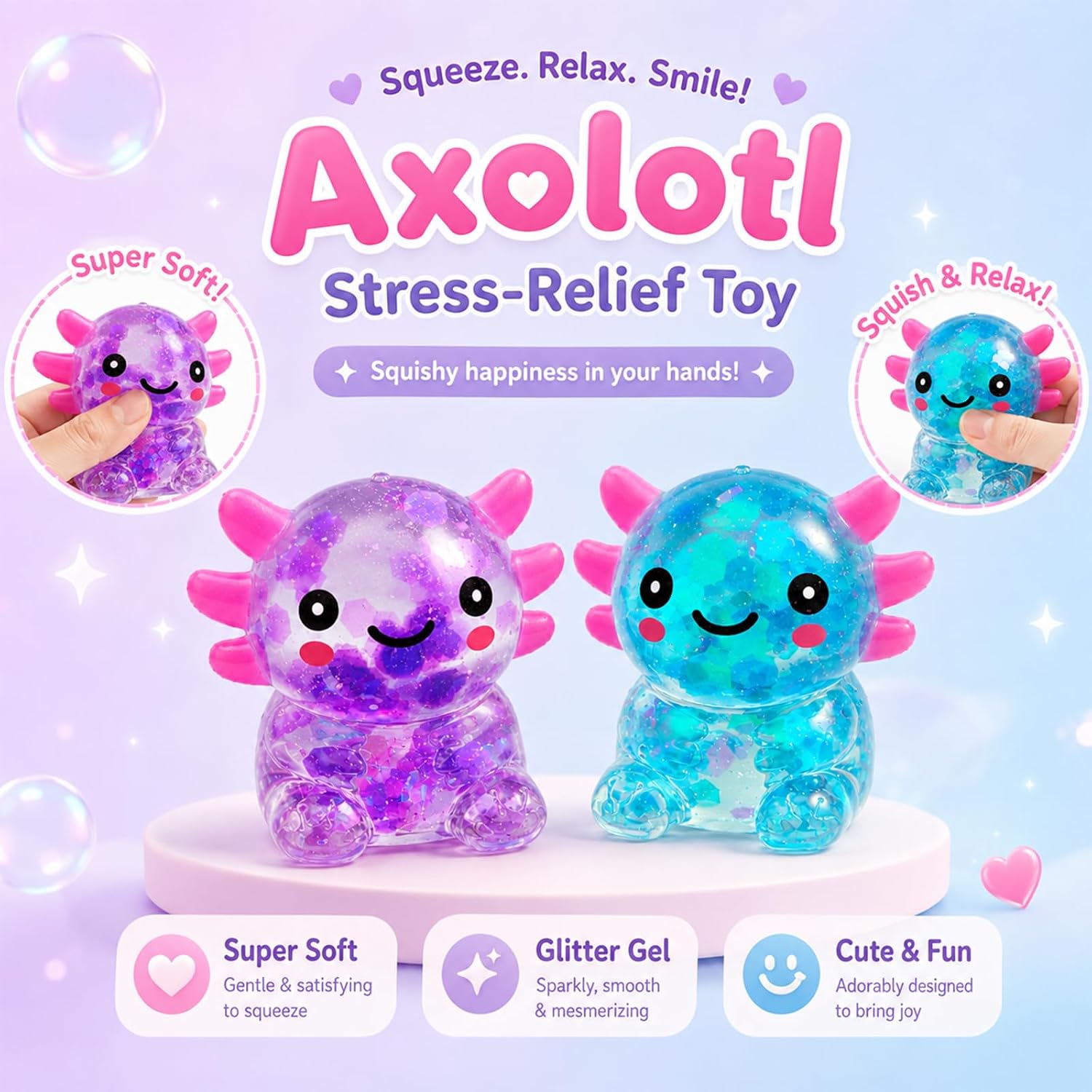 Detalle de iJUKPX Axolotl Squishy Toys, 2-Pack Glitter Fidget Toys, Blue-Purple