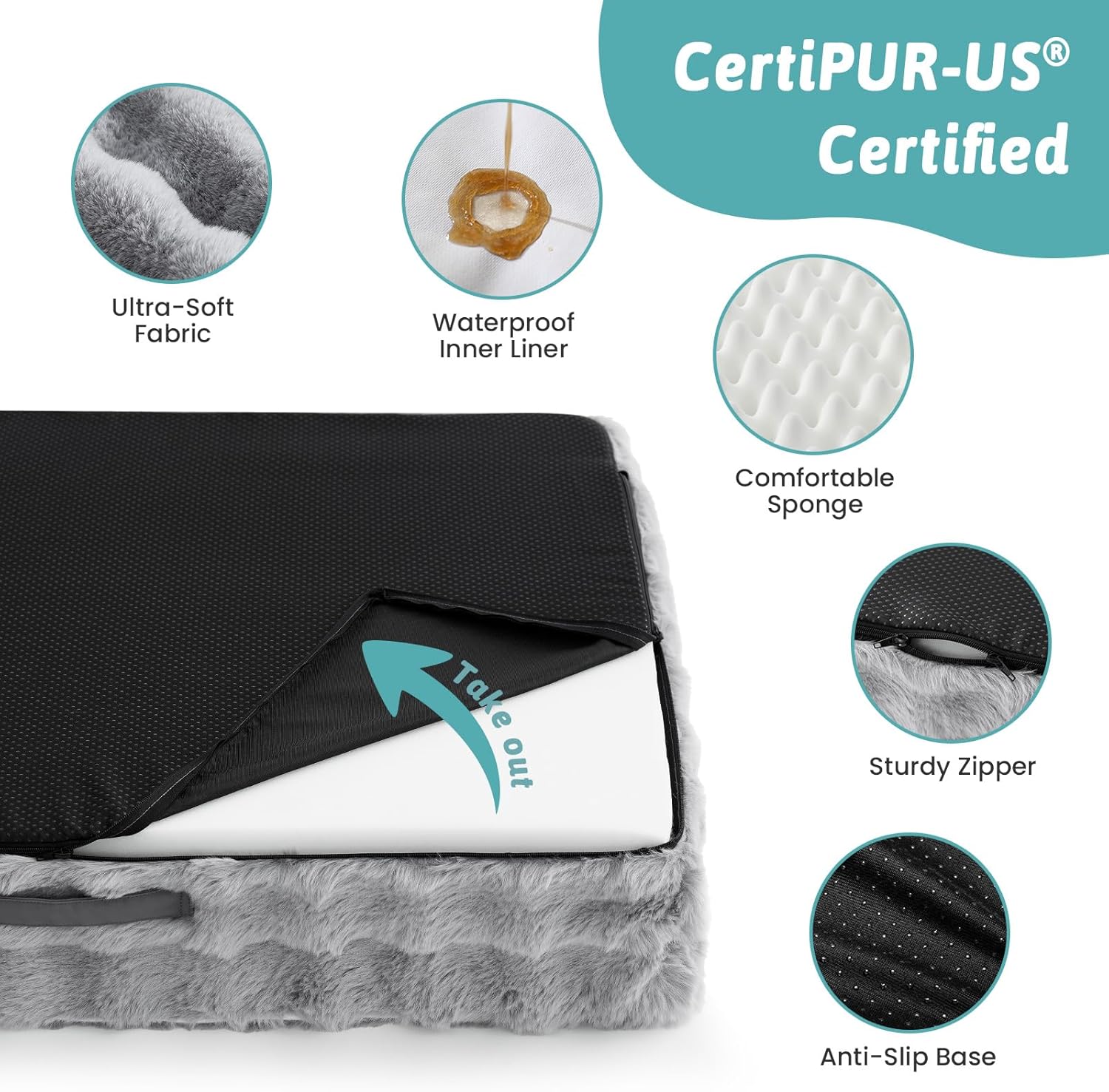 Detalle de COZY KISS Faux Fur Orthopedic Dog Bed (XXL) – Foam Sofa with U-Shape Bolster, Grey