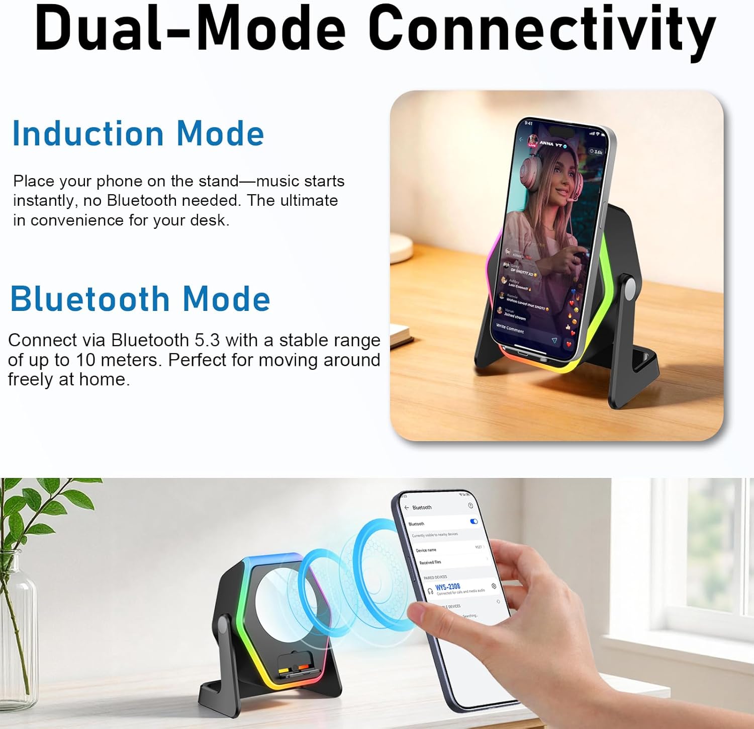 Thumbnail 3 de Hupoaf Wireless Induction Speaker: 5-in-1 Phone Speaker Amplifier with RGB Light and Adjustable Stand