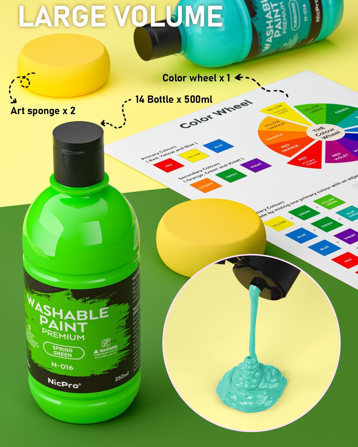 Detalle de Nicpro 18 Farben Abwaschbares Temperafarbe-Set für Kinder – 4500 ml Gesamtinhalt, ungiftig, 250 ml Flaschen