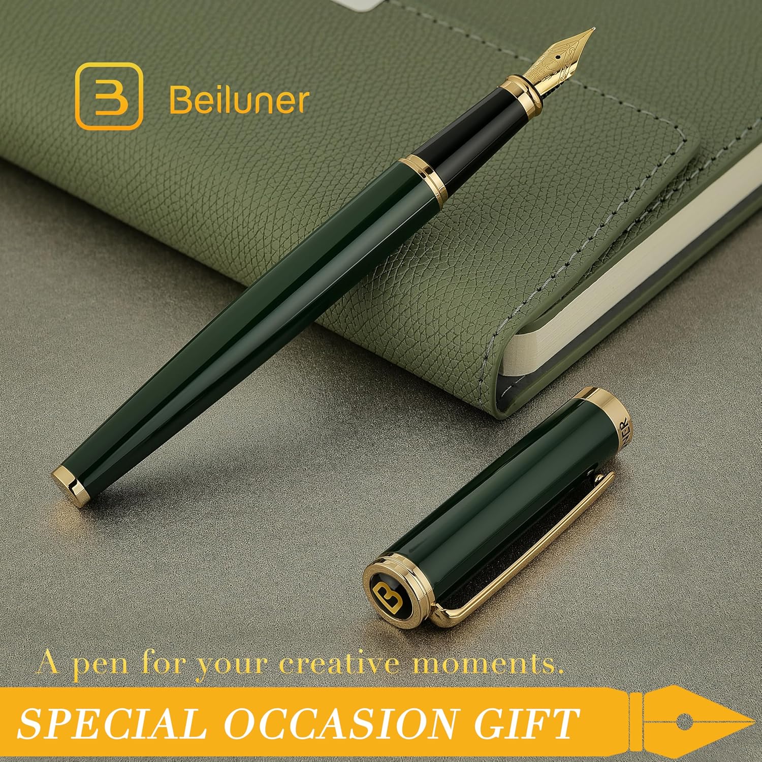 Thumbnail 6 de BEILUNER Luxury Fountain Pen in Racing Green with 24K Gold Accents and Fine Nib