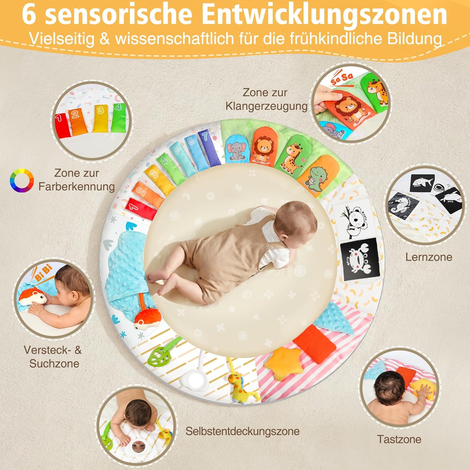 Thumbnail 1 de URMYWO Spielbogen Baby-Krabbeldecke mit 5 abnehmbaren Spielzeugen und 6 Entwicklungsregionen