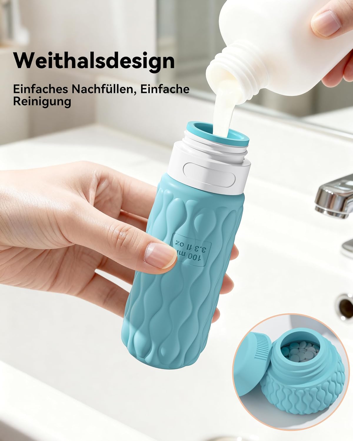 Detalle de Lericttor 4-tlg. Silikon Reiseflaschen-Set 100 ml mit Etiketten – Tropfsicher, wiederbefüllbar