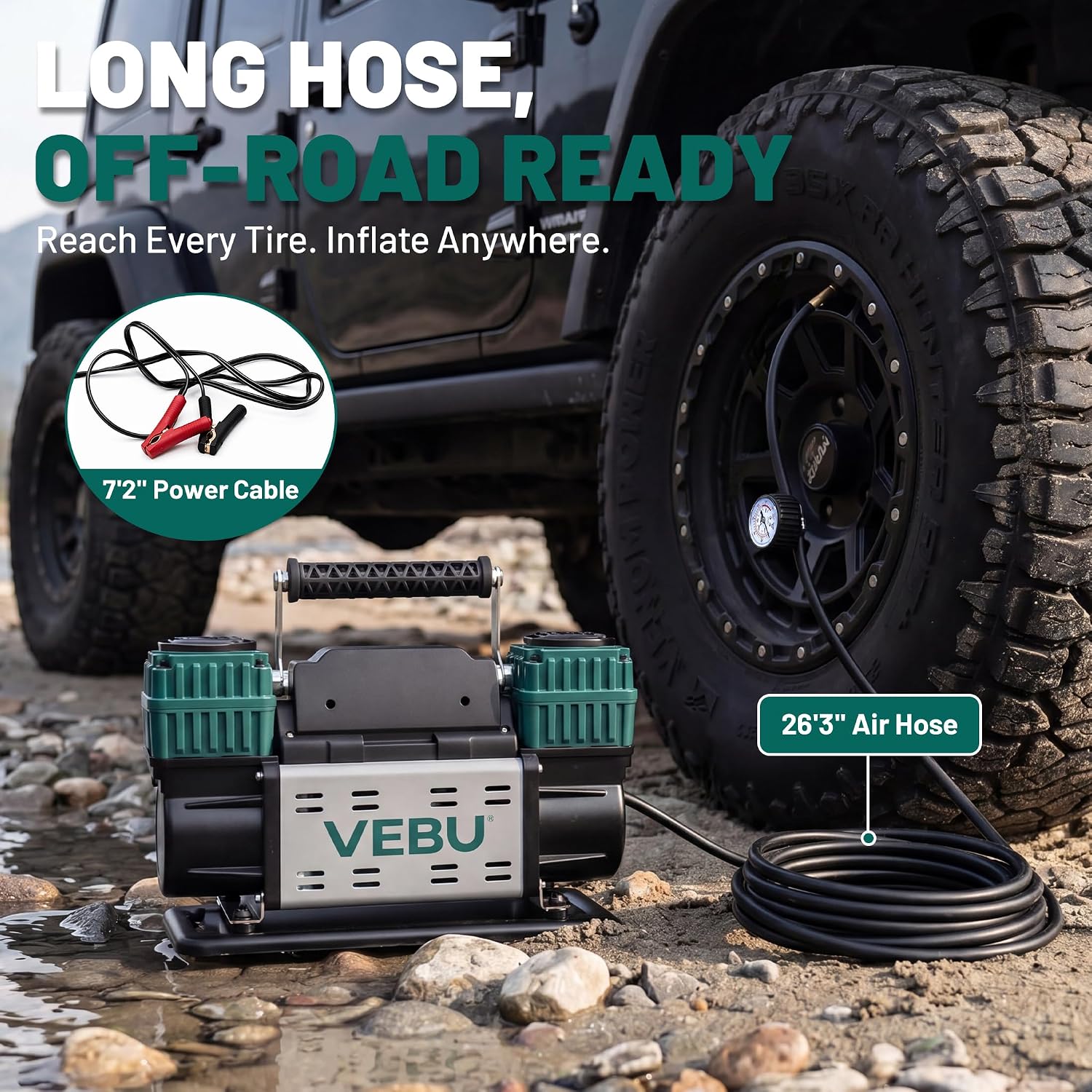Detalle de VEBU Heavy Duty 12V Tire Inflator, Dual-Cylinder 125 PSI Compressor