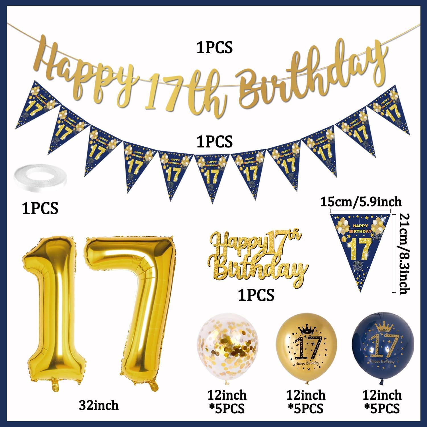 Thumbnail 1 de 17th Birthday Decorations: Navy Blue & Gold Banner Kit for Boys