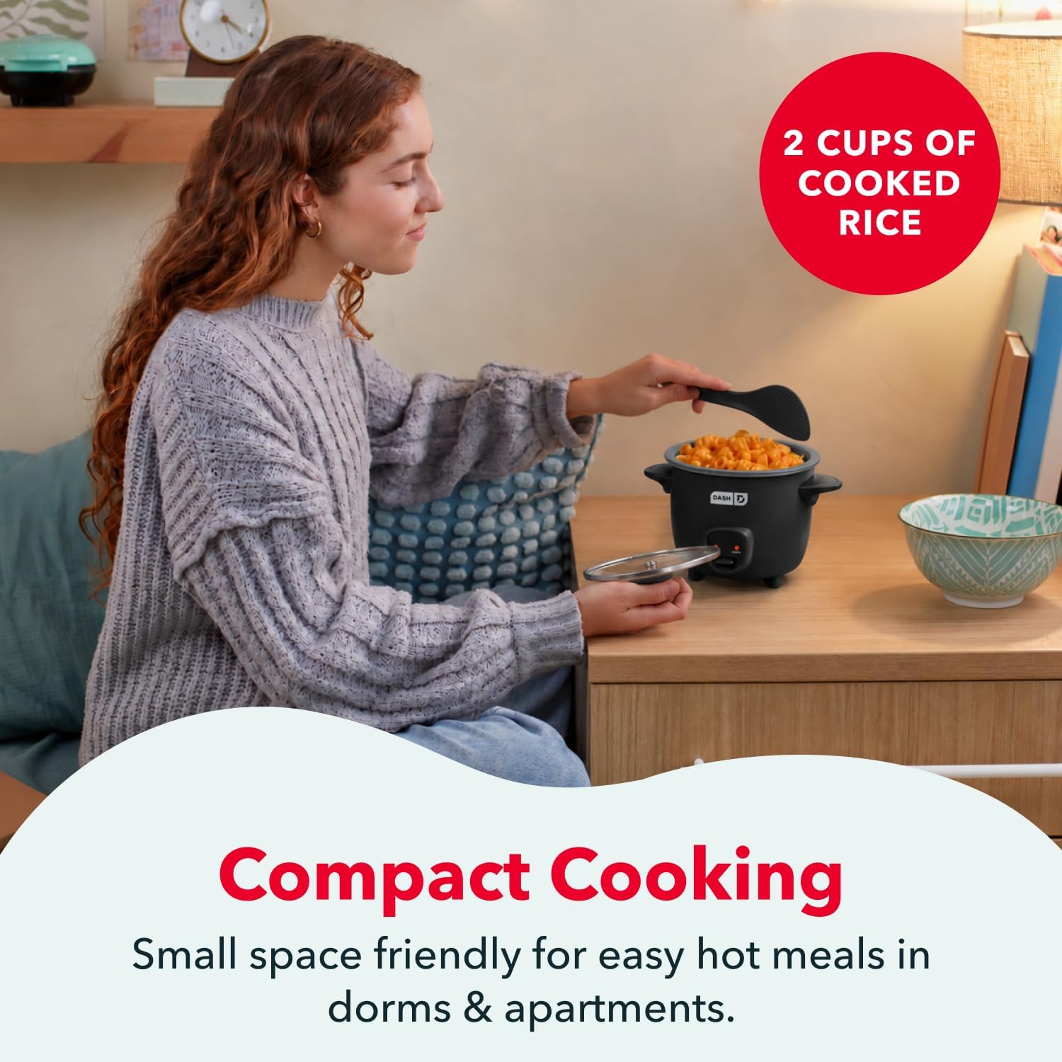 Detalle de Dash Mini Ceramic Rice Cooker (Black Ceramic) — Compact Single-Serve Cooker with Removable Nonstick Pot