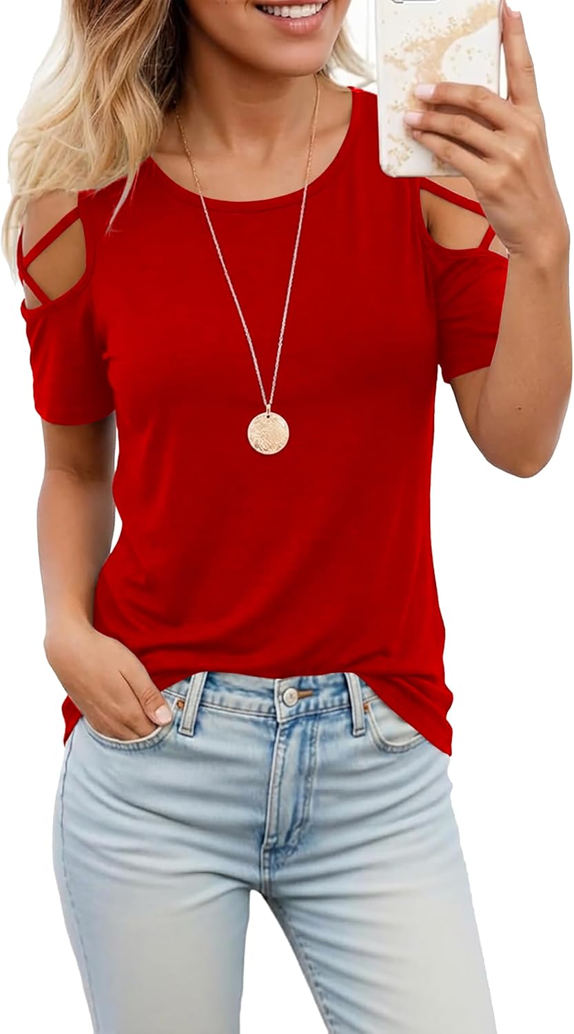 Thumbnail 1 de Jar of Love Women's Short Sleeve Cold Shoulder Top: Lightweight, Flowy Tunic for Everyday Wear