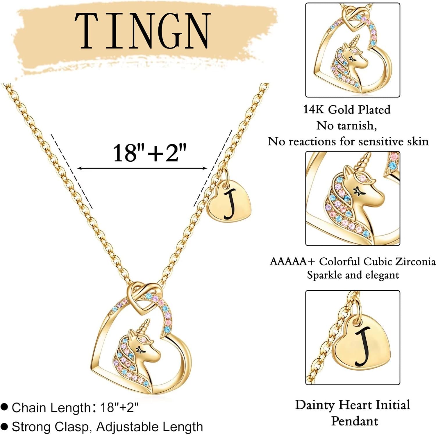 Detalle de TINGN Regalo collana unicorno con ciondolo cuore CZ placcato oro 14k – idea regalo per una ragazza