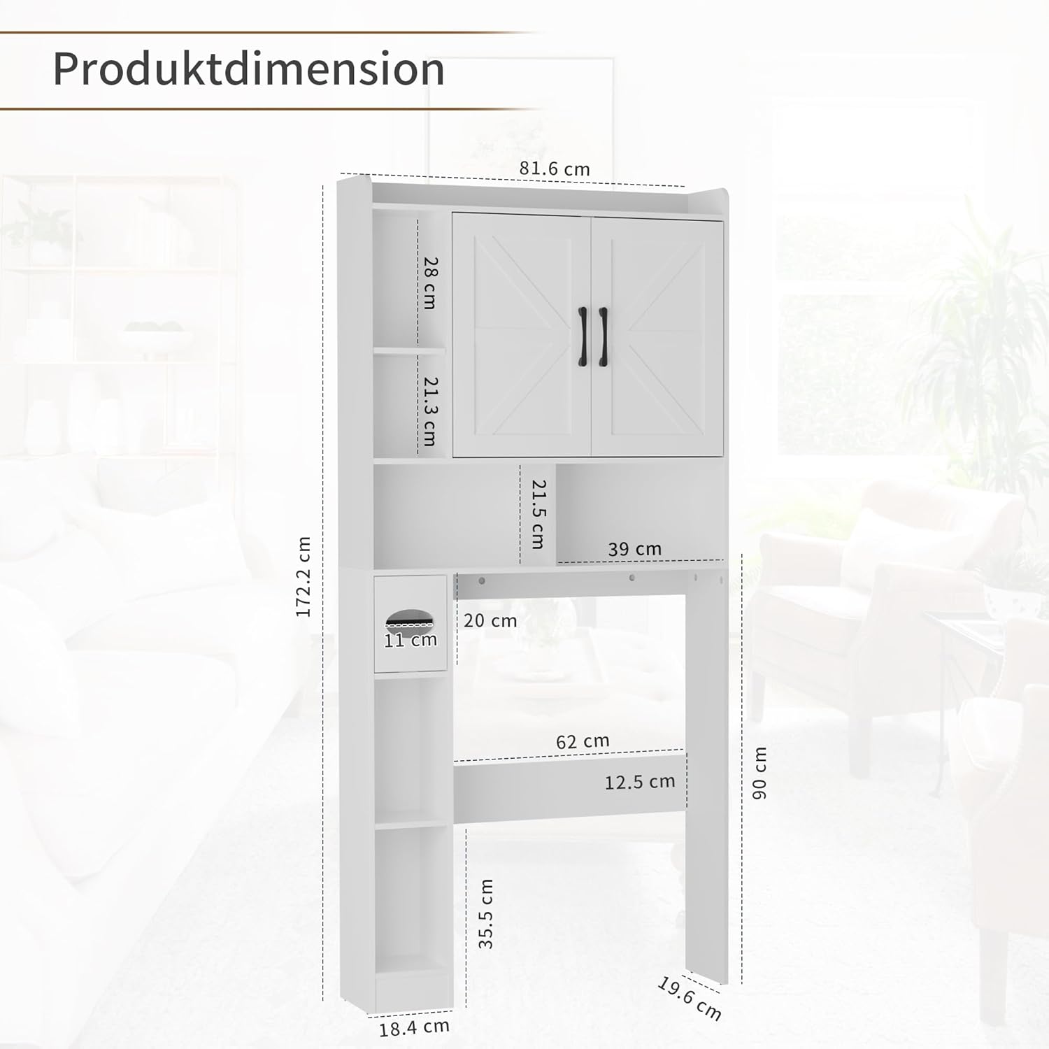 Thumbnail 1 de BonVache Waschmaschinenschrank mit 2 Türen und Seitenfach – weiß, mit verstellbaren Ablagen