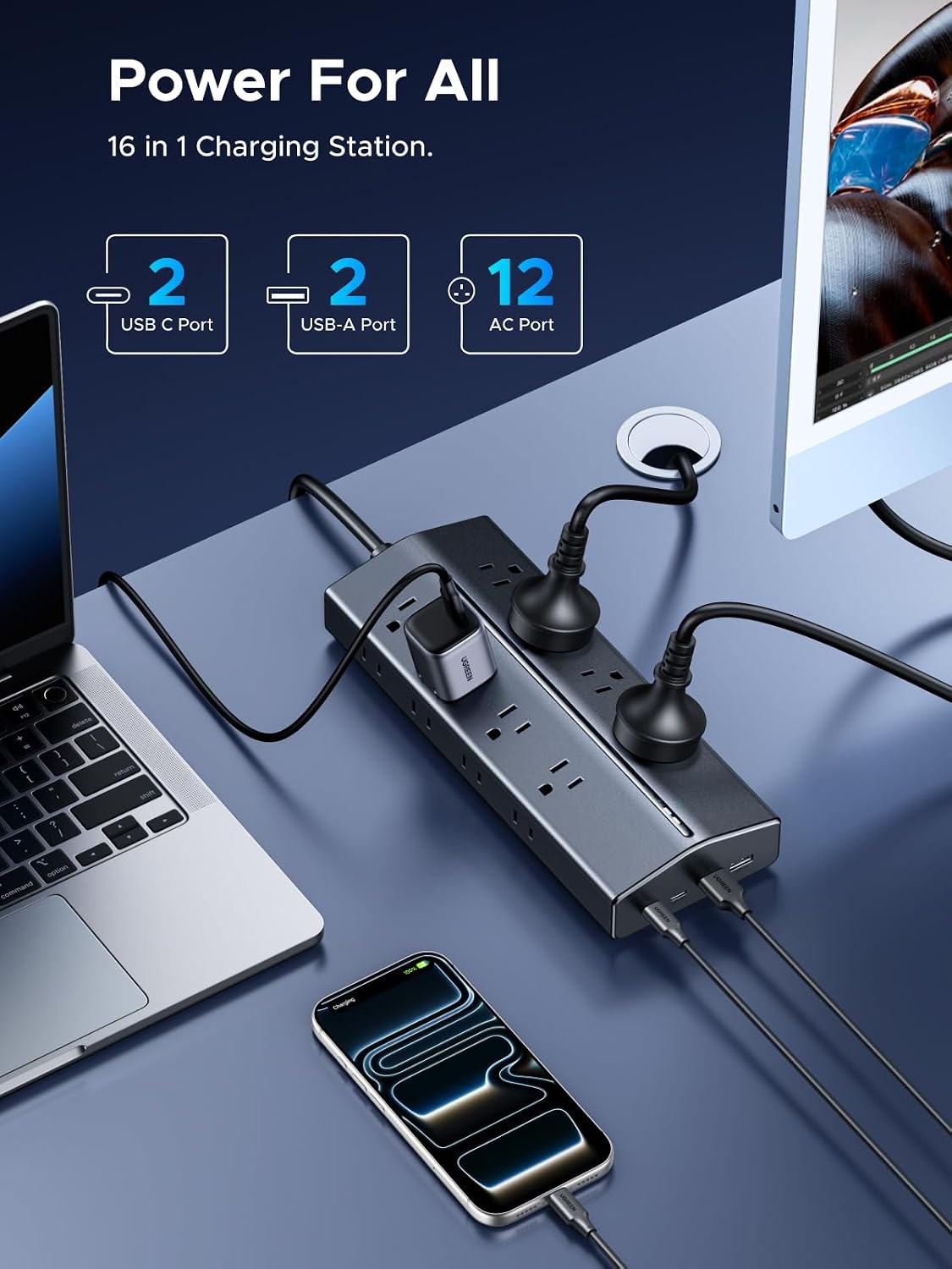 Thumbnail 2 de UGREEN T650 65W GaN Surge Protector Power Strip, 20 Ports, 5 ft Cord