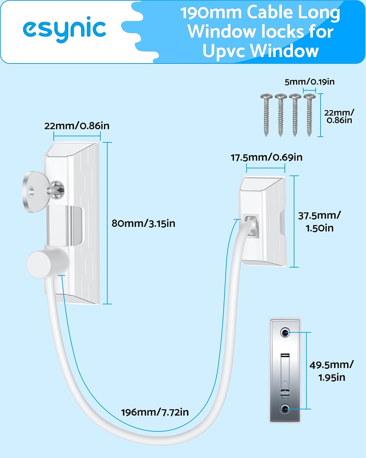 Detalle de eSynic Window Locks for UPVC Windows – 10 Pack Cable Privacy & Safety Restrictors