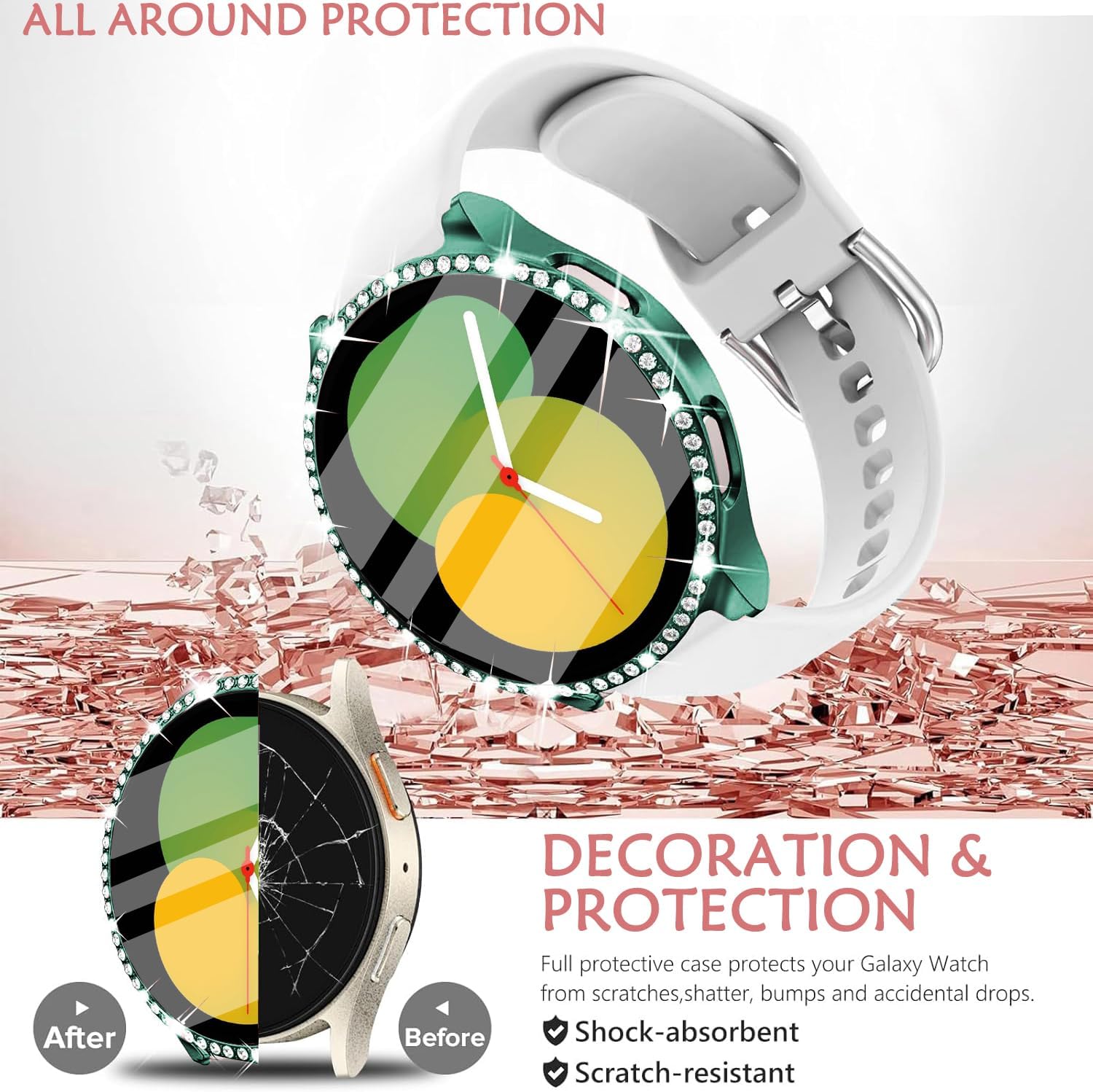 Thumbnail 2 de DEALELE 2+2 Pack Tempered Glass Case for Samsung Galaxy Watch 5 Pro 45mm – Bling Diamond Green