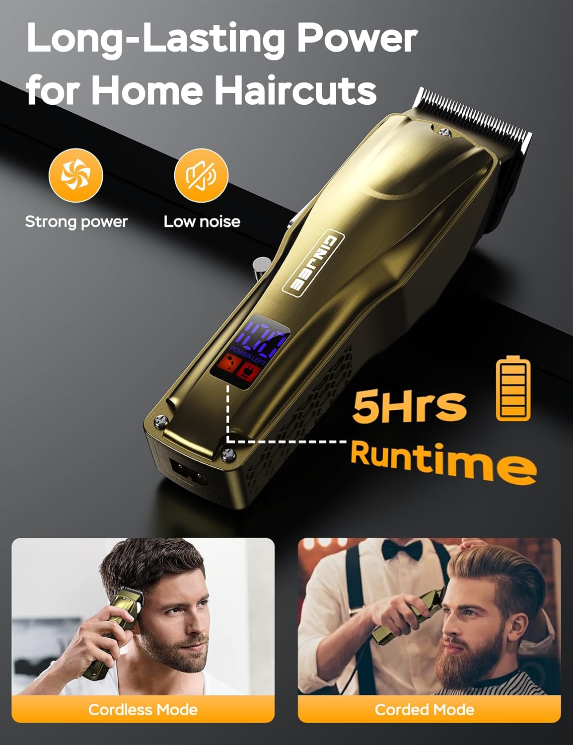 Thumbnail 1 de GinJee Cordless & Corded Hair Clippers for Men (Gold) with LED, 5H Runtime, Waterproof Blade