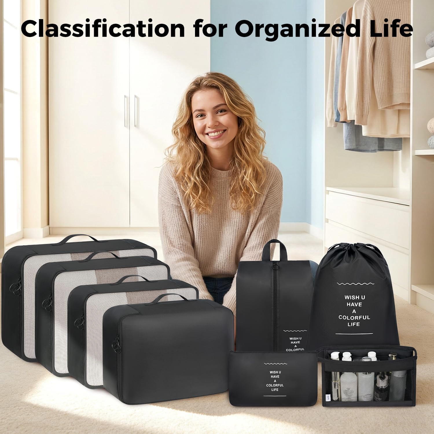 Detalle de BAGAIL 8-teiliges Packwürfel-Set – Reiseorganizer aus leichtem Nylon mit Netzfächern, Schuhbeutel und Mehrfachverwendung