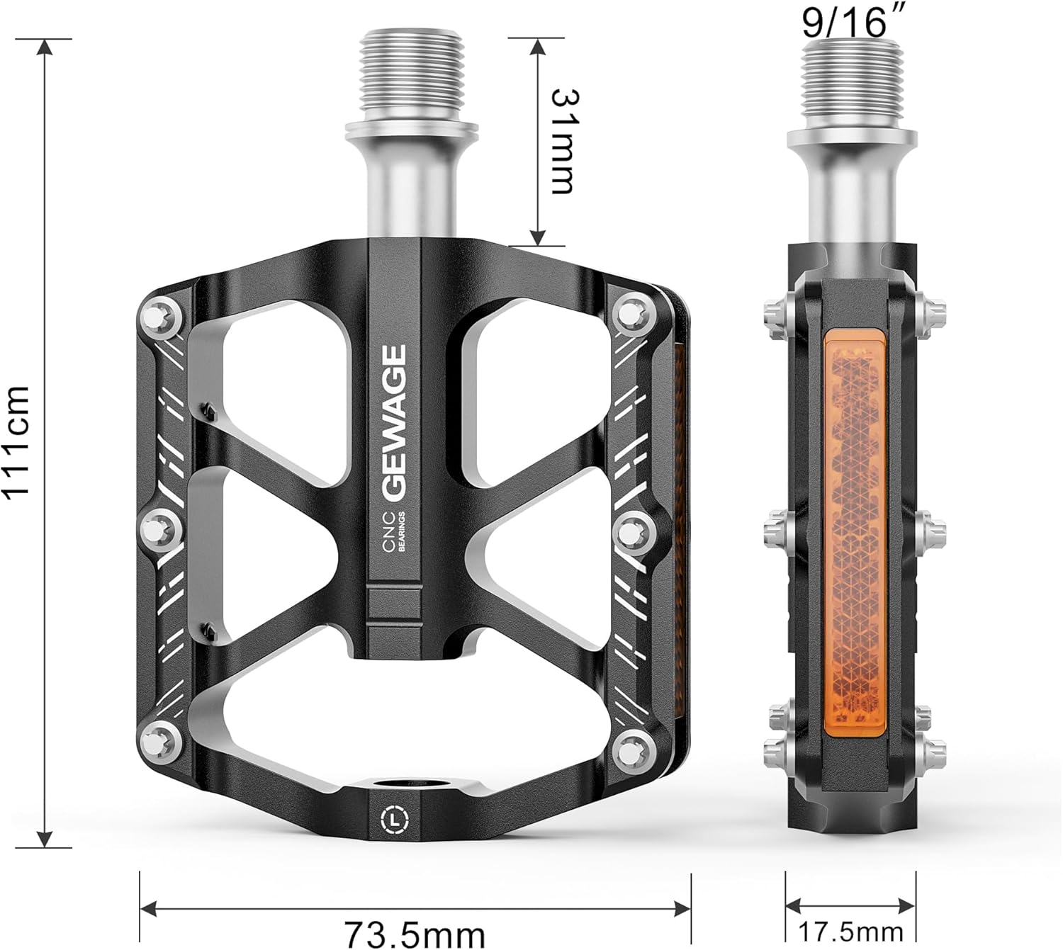 Thumbnail 2 de GEWAGE Pédales de vélo pliantes antidérapantes en aluminium CNC avec réflecteurs – filetage 9/16